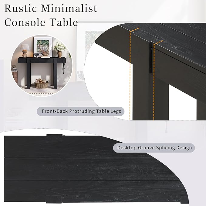 Quarte Rustic Minimalist Console Table with Hidden Drawer, Side Power Outlet,Wood Entryway Table for Entryways, Living Rooms and Home Offices (Black/R1)
