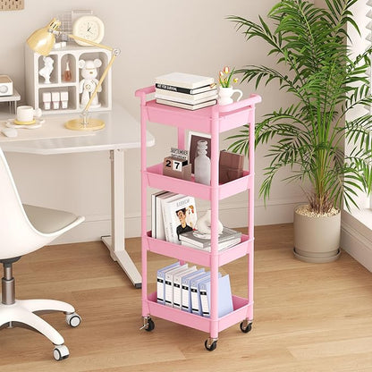 MIOCASA Utility Rolling Cart with Detachable Tray Top, 4-Tier Kitchen Storage Organization, Art Cart with Wheels for Office, Classroom, Livingroom, Kitchen, Bathroom (Pink, 4-Tier-Plastic)