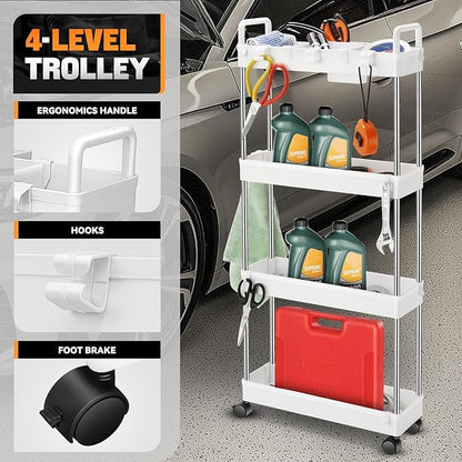 Auto Dynasty 4 Tier Slim Rolling Cart with Handle, Multifunction Utility Storage Rolling Cart, Movable Storage Organizer with Wheels for Office, Bathroom, Kitchen, Narrow Places (White)