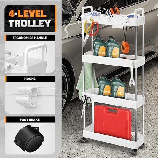 Auto Dynasty 4 Tier Slim Rolling Cart with Handle, Multifunction Utility Storage Rolling Cart, Movable Storage Organizer with Wheels for Office, Bathroom, Kitchen, Narrow Places (White)