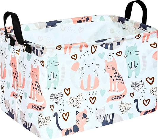 KUNRO Rectangle Cat Pattern Storage Basket Gift Shelf Basket Storage Bin, Nursery Basket Organizer Box for With Handles for Room Deco