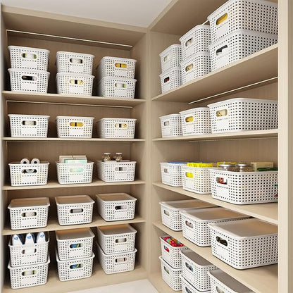 Plastic Storage Basket with Lids 12 Pack Stackable Storage Bins Containers with Lid, Decorative Storage Boxes for Organizing Shelves, Drawers, Playroom, Classroom, Office, Closet, White