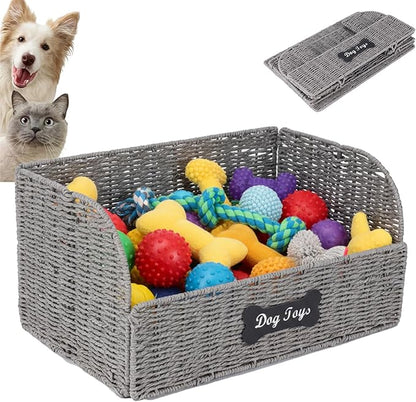 Dog Toy Basket Large Foldable Portable Rattan Dog Toy Storage Organizer for Living Room Bedroom Entryway Floor Corner Pet Toys Basket with Label, Dogs Toys Bin for Cats, Dogs and Pets-Grey