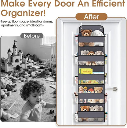 WISELIFE Over The Door Organizer Storage with 5 Large Pockets Door Hanging Organizer with Clear Windows behind The Door Storage for Nursery Bedroom Bathroom Pantry Closet and Baby Essentials Dark Grey