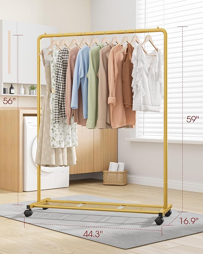 Clothes Rack - Clothing Rack with Storage Mesh Shelf & Casters, Heavy-Duty Metal Clothing Rack for Hanging Clothes, Dresses, Coats, Large Load Capacity, Easy Assembly, Gold, 44.3"x16.9"x59.0"