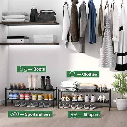 Black 2-Tier Long Stackable Bamboo Wood Shoe Rack for Closet, Entryway & Hallway