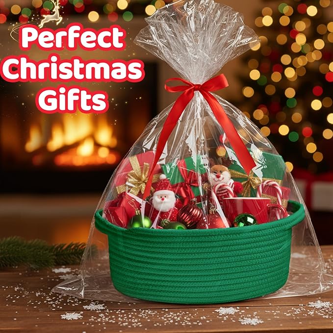 Small Woven Green Gifts Basket for Storage Empty with Ribbons and Bags Durable Cute Gifts 12"X 8" X 5" Small Rope Basket for Gifting