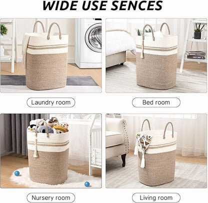 Woven Laundry Basket for Clothes, 80 L Large Rectangle Laundry Hampers with Beads Tassel, Nursery Storage Basket for Toys, Tall Dirty Clothes Hamper for Bedroom Aesthetic, Laundry Room Organization