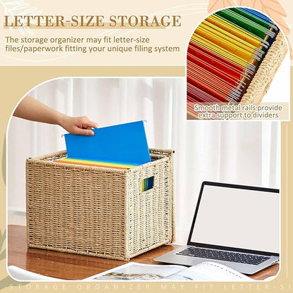 2 Pack Paper Rope File Box Organizers Collapsible Letter Size Filing Cabinet with Lid Woven Hanging File Basket Portable Decorative Document Storage Box for Office/Decor/Home (Letter Size)