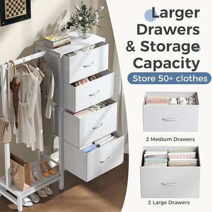OLIXIS 4 in 1 Storage with Hanging Rack, Clothes Rack Shoes Rack, Bag Hook, Tall Storage Tower, Sturdy Frame for Bedroom Entryway Living Room White