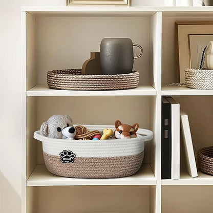 Small Dog Toy Basket, Soft Cotton Rope Dog Cat Toy Bin, Woven Storage Basket for Living Room Nursery, Cats Pet Gift Basket Empty, Decorative Wicker Storage Box with Handle, 13"x 9"x 5"