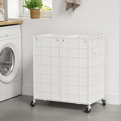 WOWLIVE Double Laundry Hamper with Wheels,Metal Wire Frame Rolling Laundry Basket with 2 Removable bags,120L Dirty Clothes Hamper Organizer Dorm Room Storage for Bedroom,Bathroom,White