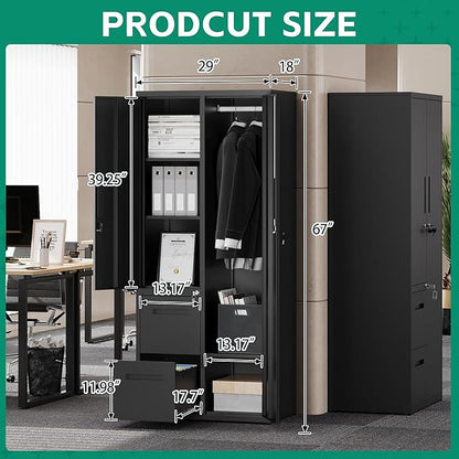 Letaya Metal Storage Cabinets with Drawers, Staff Locker with Lock Door and Shelves-Wardrobe Clothing/File/Tool Storage for Office, Home, School, Employee,Gym,Fire Department,Garage (Black)