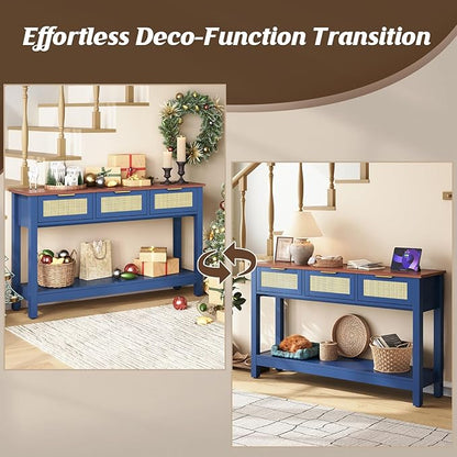 Luoxiao 47" Blue Entryway Table with 3 Rattan Drawers and Open Shelf Storage, Long Sofa Tables for Living Room, Console Entry Table for Hallway, Foyer, Couch, Front Door