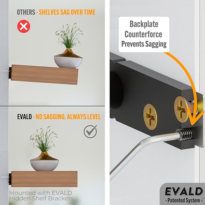 EVALD LevelMate™ 4" Titan-Mount Floating Shelf Brackets | Heavy Duty Hidden Black Carbon Steel Wall Supports for Wood Mantel, Bookshelf, Kitchen & Office Shelving | Invisible Bracket Hardware (6 Pack)