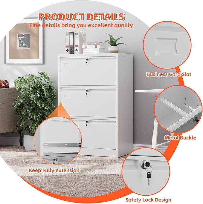 Metal Lateral File Cabinet with 3 Drawers,Wide Metal Filing Cabinet with Lock,Metal File Cabinet for Letter/Legal/A4, Assembly Required,White