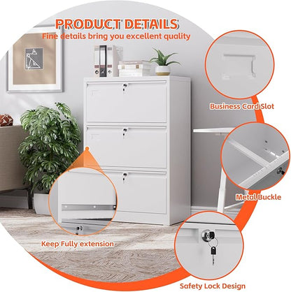 Metal Lateral File Cabinet with 3 Drawers,Wide Metal Filing Cabinet with Lock,Metal File Cabinet for Letter/Legal/A4, Assembly Required,White