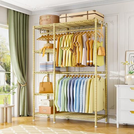 Ulif F2 Clothes Rack, 5 Tiers Heavy Duty Garment Rack for Bedroom, Freestanding Adjustable Closet Storage Organizer, 46.1" W x 15.4" D x 78.3" H, Load 630lbs, Upgraded Gold