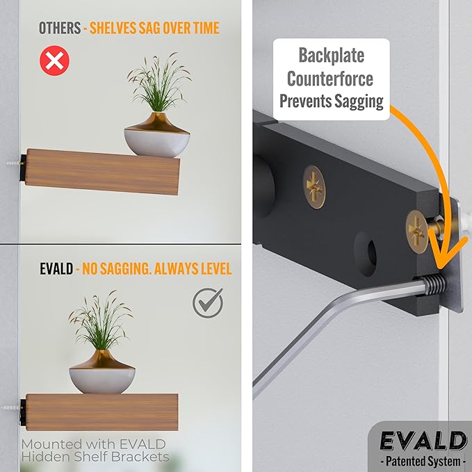 EVALD LevelMate™ 6" Titan-Mount Floating Shelf Brackets | Heavy Duty Hidden Black Carbon Steel Wall Supports for Wood Mantel, Bookshelf, Kitchen & Office Shelving | Invisible Bracket Hardware (4 Pack)