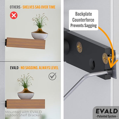 EVALD LevelMate™ 8" Titan-Mount Floating Shelf Brackets | Heavy Duty Hidden Black Carbon Steel Wall Supports for Wood Mantel, Bookshelf, Kitchen & Office Shelving | Invisible Bracket Hardware (4 Pack)