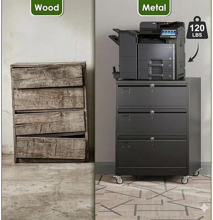 Aobabo 3 Drawer Lateral File Cabinet with Wheels, Lockable Metal Filing Cabinet for Home Office, Legal/Letter Size,Black,Required Assembled,15.87" D x 28.94" W x47.63 H