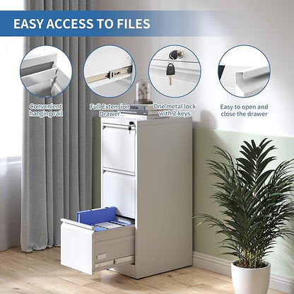 3 Drawer File Cabinet with Lock,Metal Vertical Filing Cabinets for Home Office,Heavy Duty File Storage Cabinet for Letter/Legal/A4/F4 Size File,Assembly Require (White, Vertical 3 Drawer)