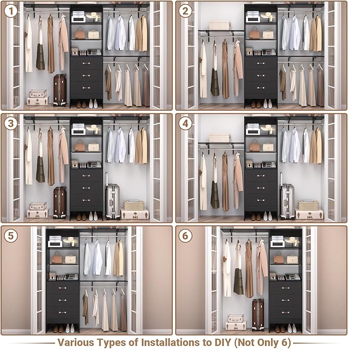 Closet System with Drawer - 8FT Wood Closet Organizer System with 3 Hanging Rods and Shelving Tower, 96" Walk In Closet Organizer Wardrobe, Black