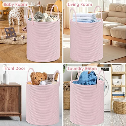 Large Woven Laundry Basket Hamper,100L Cotton Rope Storage Bin for Blankets,Toys and Clothes,Decorative Tall Nursery Hamper for Living Room,Baby Nursery,Bathroom and Bedroom,(Pink, XX Large)
