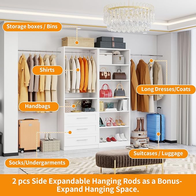 Closet System with 2 Sets, 4FT Closet Organizer Systems with 3 Wooden Drawers 7 Shelves & 3 Hanging Rods, Walk in Closet freestanding Corner Modular Closet Storage System White (4FT)