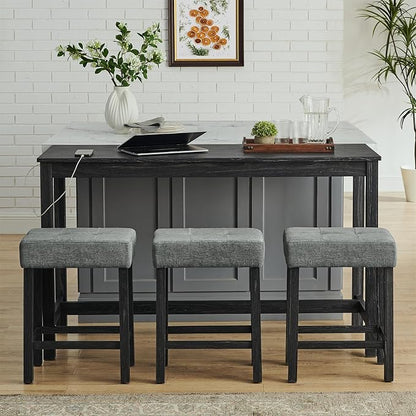59" Power Outlet Mid Century Console Table, Slim Console Table with Solid Wood Frame, Long Narrow Console Tables for Living Room & Kitchen, Black