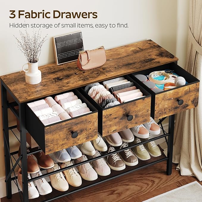 4-Tier Shoe Rack with 3 Drawers, Metal Shoe Organizer for 15 Pairs with Storage Shelves and Wooden Top, for Entryway, Hallway, Foyer, Closet, Rustic Brown and Black SS34BR