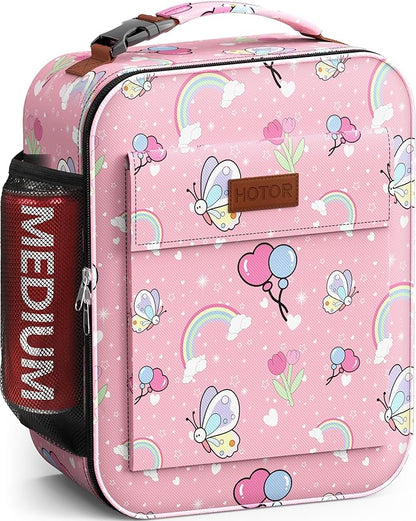 HOTOR Lunch Bag for Men & Women - Large Capacity Insulated Lunch Bag with Mutiple Pockets, Wear-Resistant Cooler Lunch Box for Office, Picnic, Pink with Butterfly Print, 7L, 9.06" x 4.33" x 10.63"