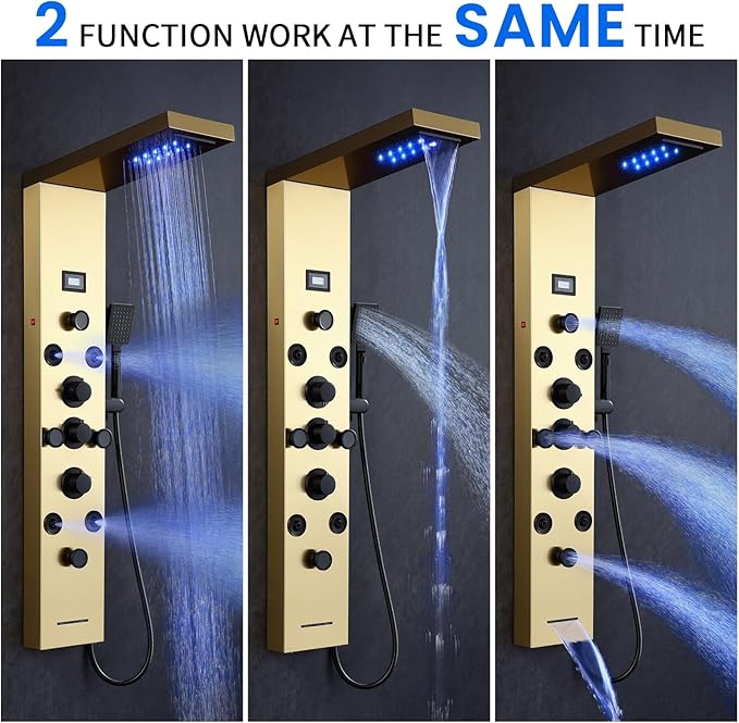 POPFLY LED Rainfall Waterfall Shower Panel Tower System, 4 Body Jets and 4 Mist Spray, 3-Function Handheld Shower, Stainless Steel Shower Tower with Temp Display, Brushed Gold
