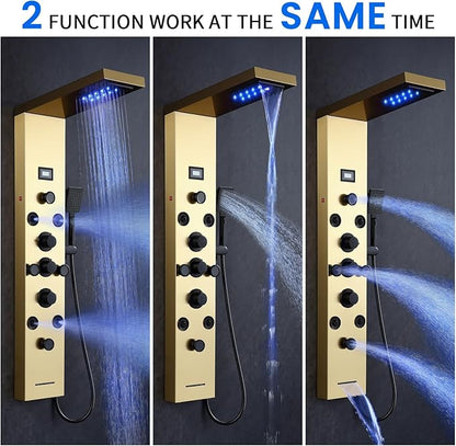 POPFLY LED Rainfall Waterfall Shower Panel Tower System, 4 Body Jets and 4 Mist Spray, 3-Function Handheld Shower, Stainless Steel Shower Tower with Temp Display, Brushed Gold