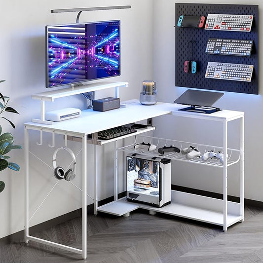 Computer Desk, L Shaped Gaming Desk with Monitor Stand & Storage Shelf & LED Light & USB Power Outlet, Reversible Shelves Corner Table with Keyboard Tray for Gaming, Home Office, Study