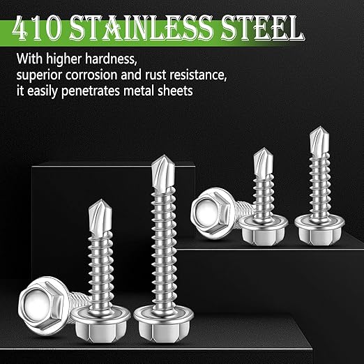mxuteuk 300PCS #8#10 Self Tapping Screws for Metal,410 Stainless Steel Self Drilling Screws,Hex Washer Head Sheet Metal Screws Suitable for Wood, Metal or Tough Materials(150pcs Screw+150pcs Washer)