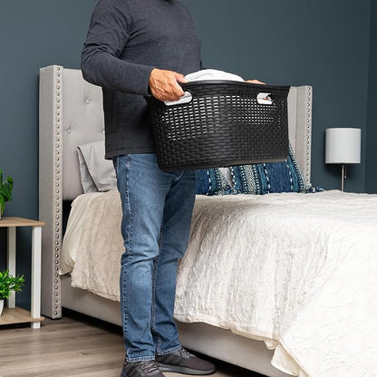 Mind Reader 40L Laundry Basket, Clothes Hamper, Premium Wicker Design, Plastic, Set of 2, Black