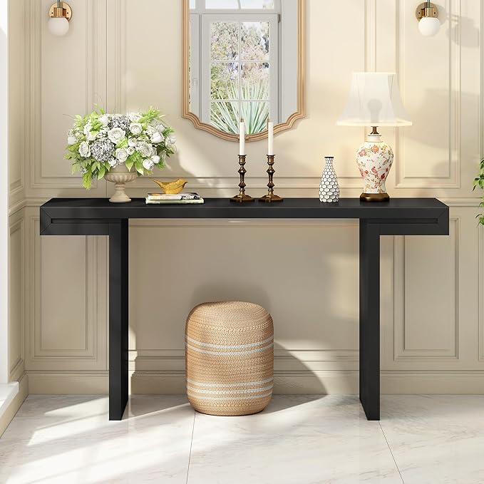 60" Large Console Table with Geometric Clean Lines Design,Stylish Entryway Table with Painted Finish and Adjustable Feet,Suitable for Living Room,Entryway,Hallway,Black