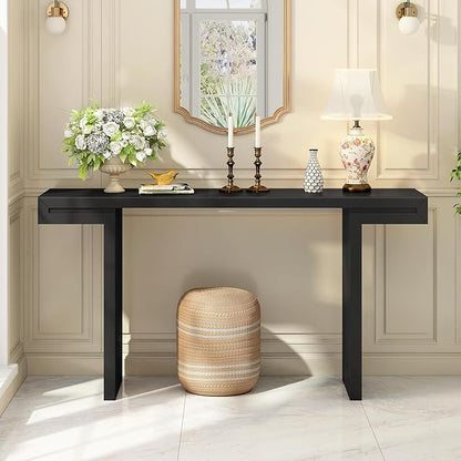 60" Large Console Table with Geometric Clean Lines Design,Stylish Entryway Table with Painted Finish and Adjustable Feet,Suitable for Living Room,Entryway,Hallway,Black