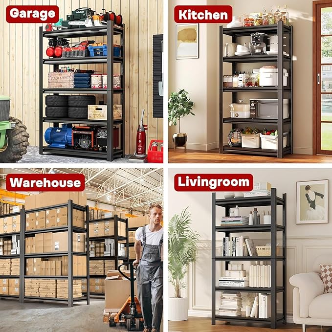 45"W x 16"D Metal Garage Shelving Unit, 3000LBS Storage Shelf, 5-Tier Adjustable Steel Shelving, Garage Storage Shelves for Garage Kitchen Warehouse Pantry Basement, Rust-Resistant, Black, 72 Inch H