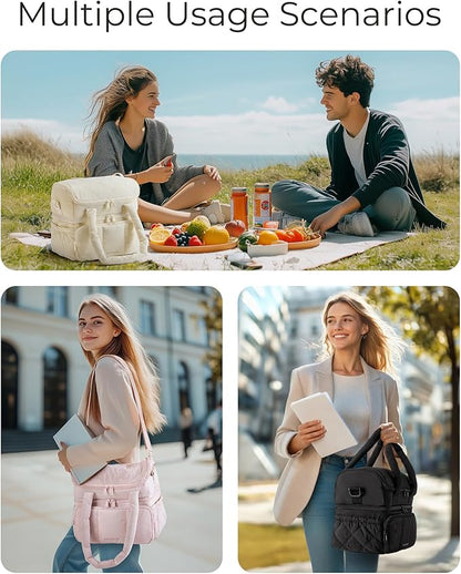BAGSMART Lunch Bag Women, Double Deck Insulated Lunch Box, Quilted Puffer Lunch Tote, Leakproof, Durable & Reusable Large Lunch Cooler For Work Picnic Travel Meal Prep, Camel