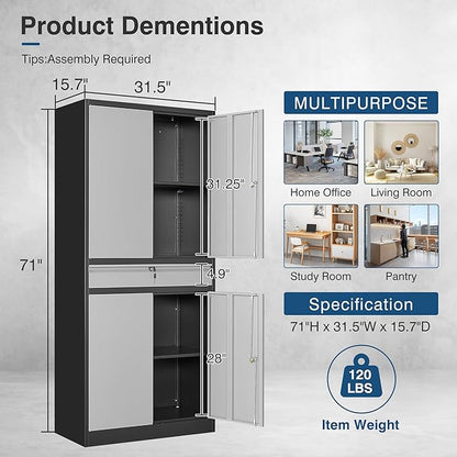 Metal Storage Cabinet with Lock, 71" Tall Garage Storage Cabinets with Doors and Shelves, Lockable Tool Cabinet for Home Office, Garage, Pantry