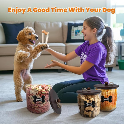 3 Pack Airtight Dog Food Storage Container, Dog Treat Container Dog Food Container with Wood Lids 8x7''&6x5'',Pet Food Storage Container,Cat Food Containers with Scoops,Clamp,Labels,Pens