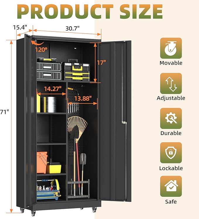 Metal Garage Storage Cabinet with Wheels, Locking Broom Closet Storage Cabinet with Adjustable Shelves, 71" H Tool Cabinet for Utility Room, Workshop, Warehouse