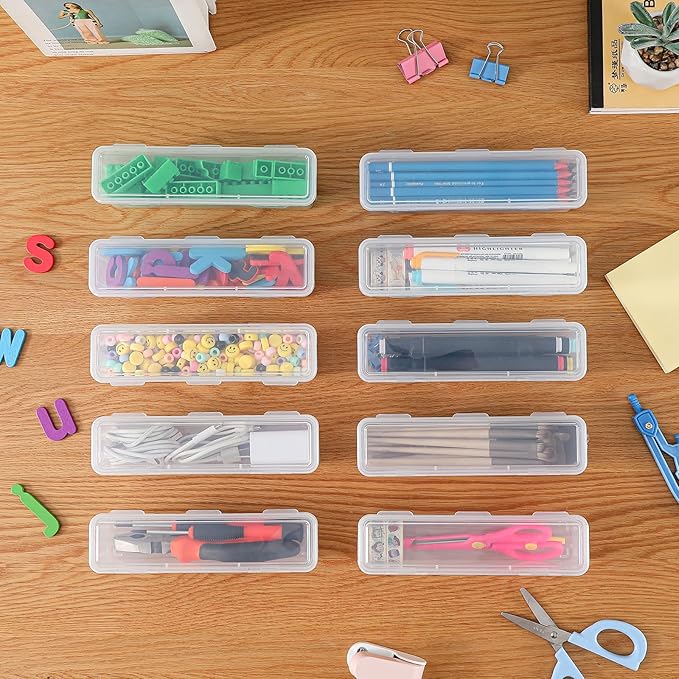 10 Pack Clear Plastic Pencil Case Boxes - Narrow Stackable Storage Organizers with Snap Lids for Pens, Markers, Makeup Brushes, Art Supplies, Beads, Jewelry, School Office Use, Rectangular Narrow