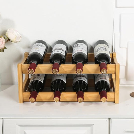 VASMIA Wine Rack, 2-Tier Bamboo Wine Racks Countertop Cabinet Wine Holder Wine Storage Shelf for Pantry Kitchen Bar, Natural