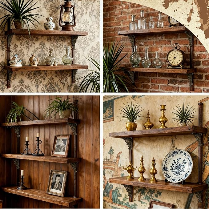 Blulu 4 Pack Antique Style Cast Iron Shelf Brackets Decorative Brackets 3 7/8" x 3 7/8" Wall Mount Shelving Bracket Heavy Duty Victorian Style Shelf(Antique Brass)