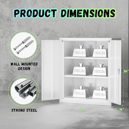 Bonusall Metal Garage Storage Cabinet, 36" H Locking Cabinets with 2 Adjustable Shelves,2 Door Small Pantry Storage for Home Office, Kitchen, Bathroom(White)