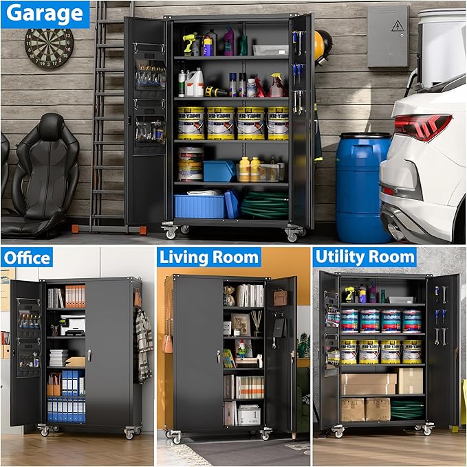 43.3" Wx21.85 Dx72 H Wide and Deep Garage Storage Cabinet with Wheels and Pegboard, Heavy Duty Metal Storage Cabinet with 4 Adjustable Shelves and 9 Hooks for Garage,Warehouse,Home, Black