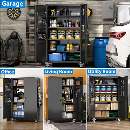 43.3" Wx21.85 Dx72 H Wide and Deep Garage Storage Cabinet with Wheels and Pegboard, Heavy Duty Metal Storage Cabinet with 4 Adjustable Shelves and 9 Hooks for Garage,Warehouse,Home, Black